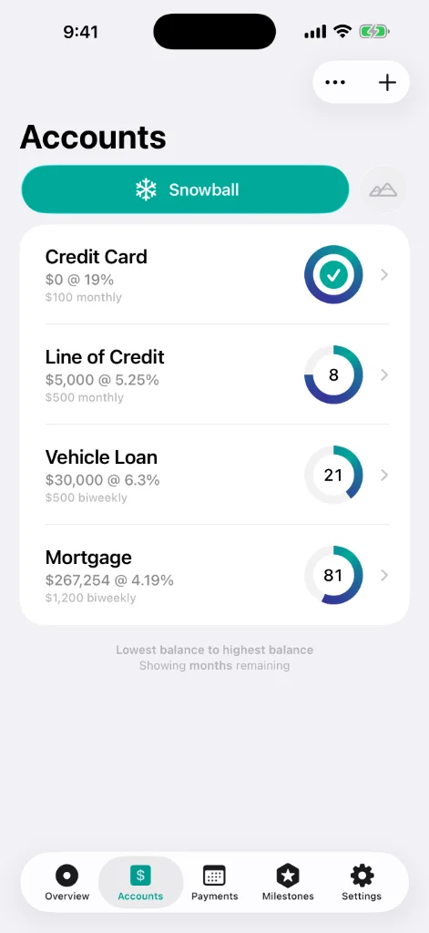 Debt Zero Accounts Screen featuring snowball and avalanche switches