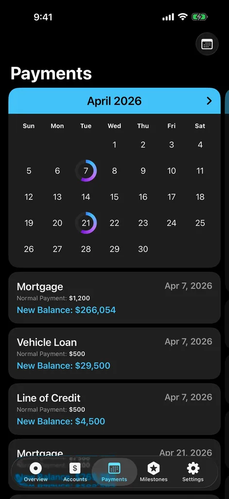 Debt Zero custom payment schedule calendar showing payoff timeline dates
