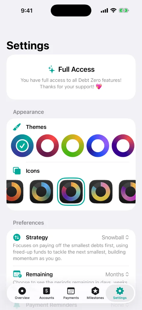 Debt Zero custom settings screen showing themes and app icons